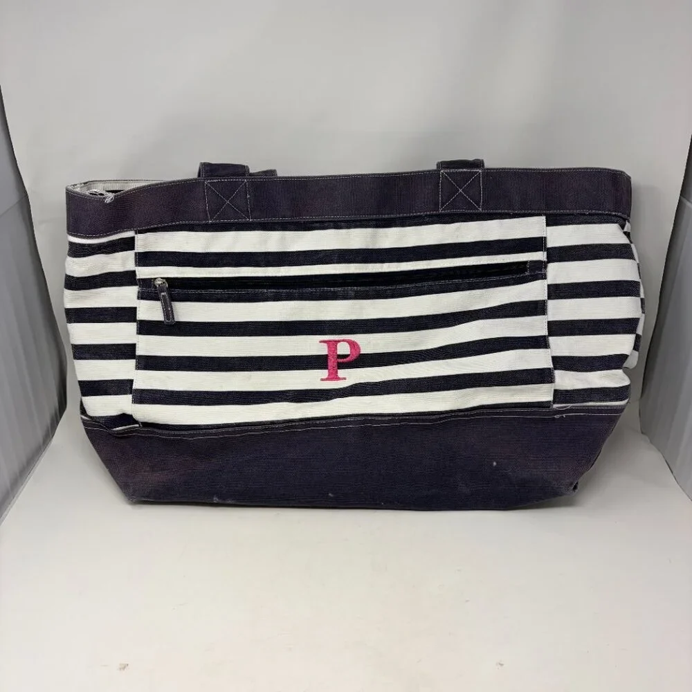 Pottery Barn Kids tote bag large blue white stripe preppy P pink monogram cotton